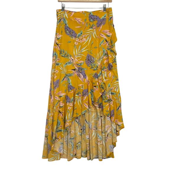 KORI Tropical Floral Ruffled Maxi Faux Wrap Skirt Yellow Sz M Summer Palm Leaves - Picture 1 of 6